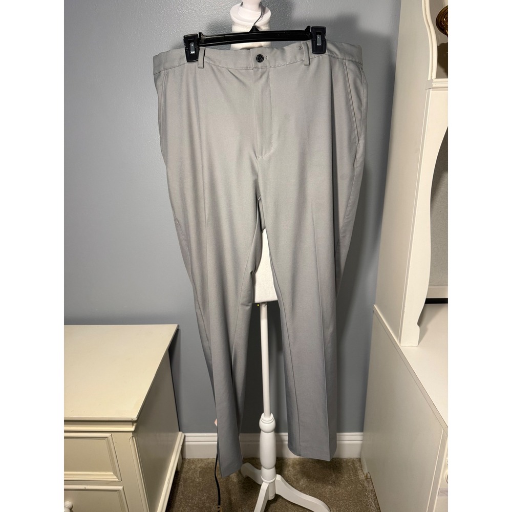 Greg Norman Mens Grey Performance Golf Pants 38x32 Flat Front Stretch Shark Logo